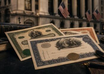 Títulos bursátiles físicos con Wall Street desenfocado al fondo.