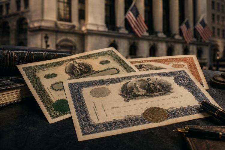 Títulos bursátiles físicos con Wall Street desenfocado al fondo.