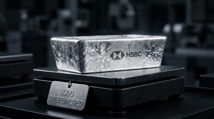Un lingote de plata HSBC sobre una báscula negra con una etiqueta: 'XAG SOBREVALORADO'.