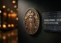 Un logotipo circular de bronce de Starbucks junto a una tableta montada en la pared con texto: 'TD COWEN UPGRADE: +13% GROWTH' y 'STRATEGIC RESTRUCTURING'.