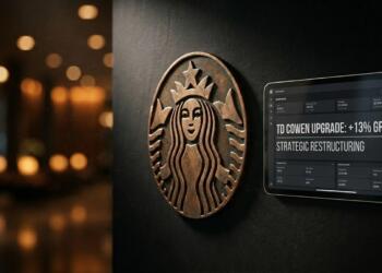 Un logotipo circular de bronce de Starbucks junto a una tableta montada en la pared con texto: 'TD COWEN UPGRADE: +13% GROWTH' y 'STRATEGIC RESTRUCTURING'.