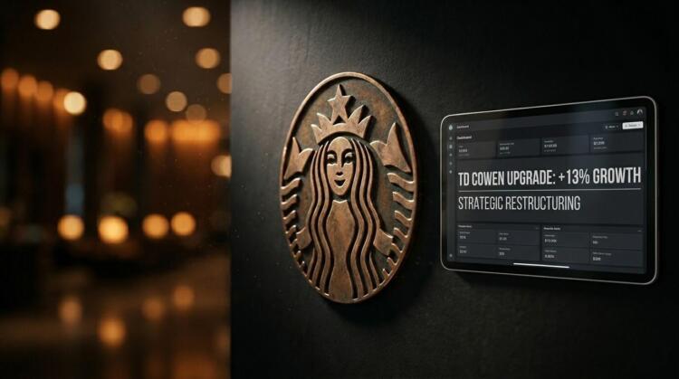 Un logotipo circular de bronce de Starbucks junto a una tableta montada en la pared con texto: 'TD COWEN UPGRADE: +13% GROWTH' y 'STRATEGIC RESTRUCTURING'.