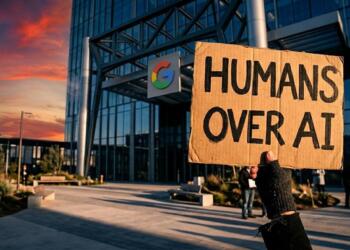 Mano enguantada con cartel "HUMANS OVER AI" frente a edificio de Google al atardecer.