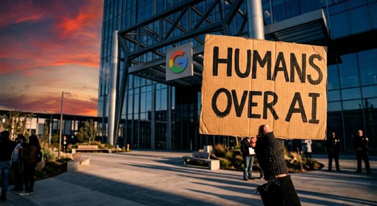 Mano enguantada con cartel "HUMANS OVER AI" frente a edificio de Google al atardecer.