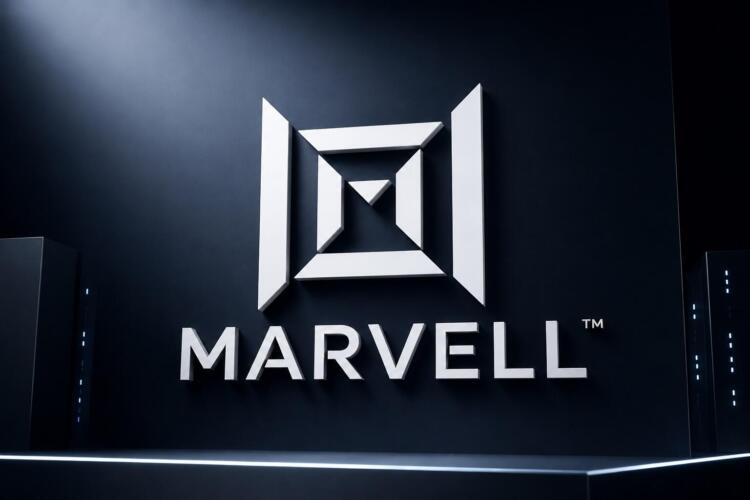 Logo de Marvell sobre entorno tecnológico minimalista y corporativo.