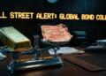 Balanza de oficina: lingote de oro y bonos en default. Ticker LED: "GLOBAL BOND COLLAPSE".