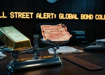 Balanza de oficina: lingote de oro y bonos en default. Ticker LED: "GLOBAL BOND COLLAPSE".