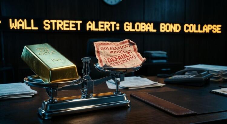 Balanza de oficina: lingote de oro y bonos en default. Ticker LED: "GLOBAL BOND COLLAPSE".