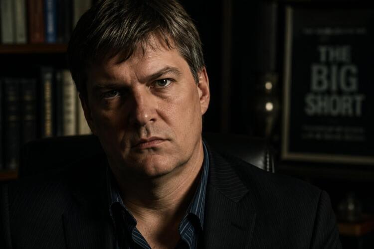 Retrato oscuro de Michael Burry en ambiente financiero sobrio