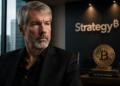 Michael Saylor bajo entorno corporativo con referencia sutil a Bitcoin.