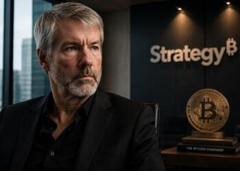 Michael Saylor bajo entorno corporativo con referencia sutil a Bitcoin.