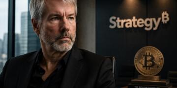 Michael Saylor bajo entorno corporativo con referencia sutil a Bitcoin.