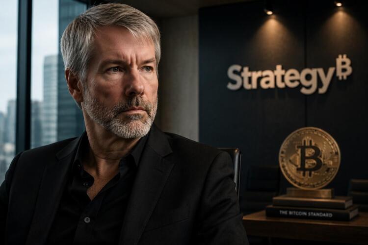 Michael Saylor bajo entorno corporativo con referencia sutil a Bitcoin.