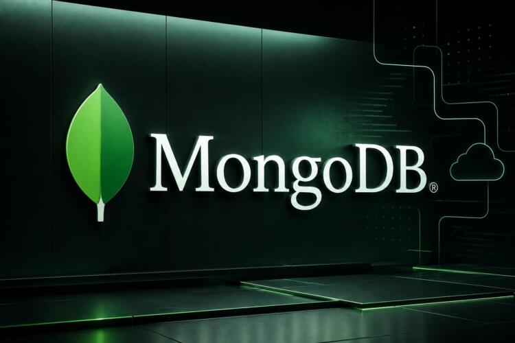 Logo frontal de MongoDB en entorno tecnológico limpio y minimalista.