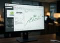 Monitor encendido con análisis de UBS para NVIDIA, gráfico bursátil y texto '+22% TARGET'