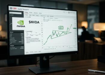 Monitor encendido con análisis de UBS para NVIDIA, gráfico bursátil y texto '+22% TARGET'