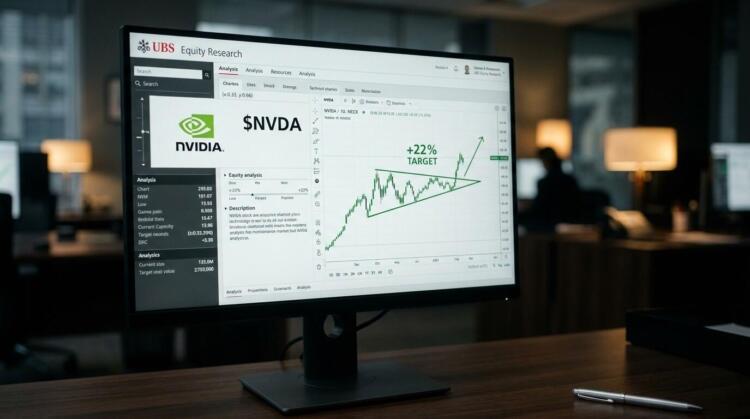 Monitor encendido con análisis de UBS para NVIDIA, gráfico bursátil y texto '+22% TARGET'