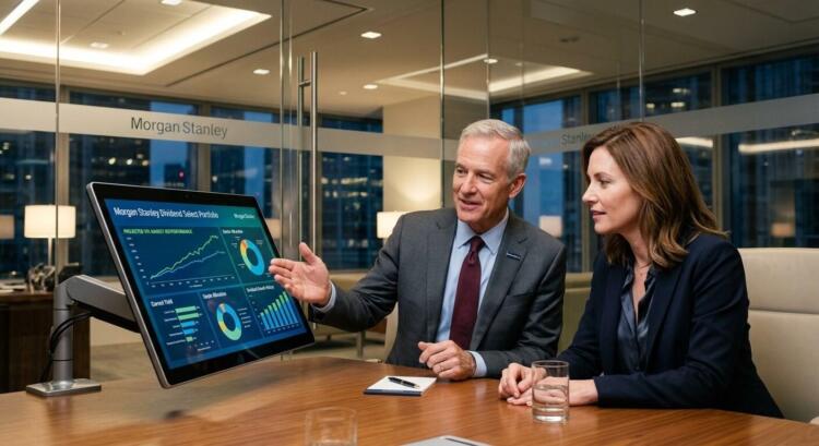 Asesores de Morgan Stanley en traje revisan un panel de cartera en un monitor de mesa de sala de juntas.