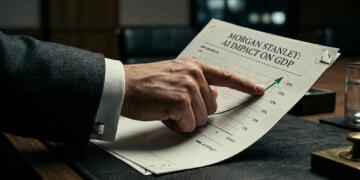 Mano de ejecutivo de Morgan Stanley señalando un gráfico con fuerte crecimiento económico.