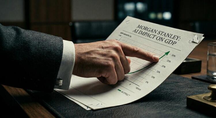 Mano de ejecutivo de Morgan Stanley señalando un gráfico con fuerte crecimiento económico.
