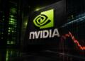 Logo de Nvidia domina escena tecnológica con tensión bursátil sutil.