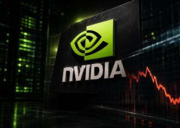 Logo de Nvidia domina escena tecnológica con tensión bursátil sutil.