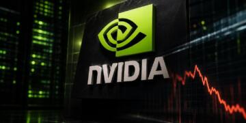 Logo de Nvidia domina escena tecnológica con tensión bursátil sutil.