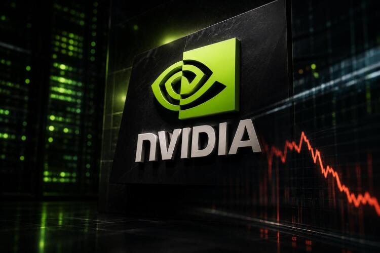 Logo de Nvidia domina escena tecnológica con tensión bursátil sutil.