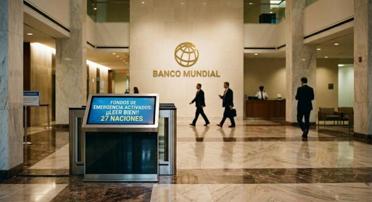 ítulo: Pánico en el Banco Mundial: Fondos activados para 27 naciones (56 caracteres) Texto alt: Cartel de emergencia en el vestíbulo del Banco Mundial anuncia fondos para 27 naciones