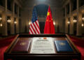 Podio con documentos del "HISTORIC TRADE DEAL", banderas de EE. UU. y China detrás en una gran sala.