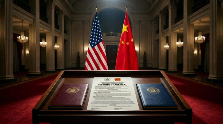 Podio con documentos del "HISTORIC TRADE DEAL", banderas de EE. UU. y China detrás en una gran sala.