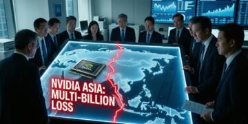 Ejecutivos rodean mapa con chip Nvidia y texto "NVIDIA ASIA: MULTI-BILLION LOSS".