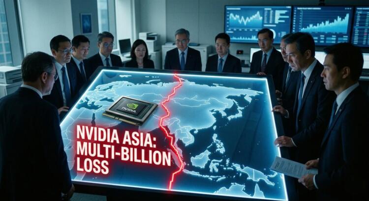 Ejecutivos rodean mapa con chip Nvidia y texto "NVIDIA ASIA: MULTI-BILLION LOSS".