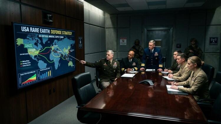 General de EE.UU. presenta la estrategia de defensa de tierras raras ante oficiales sentados.