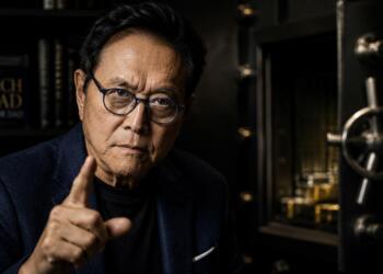 Robert Kiyosaki en retrato oscuro con gesto de advertencia firme.