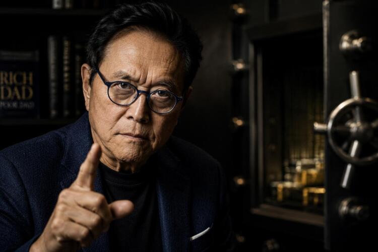 Robert Kiyosaki en retrato oscuro con gesto de advertencia firme.