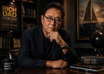 Robert Kiyosaki en oficina ejecutiva con ambiente financiero sobrio.