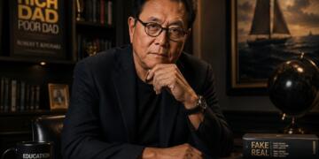 Robert Kiyosaki en oficina ejecutiva con ambiente financiero sobrio.