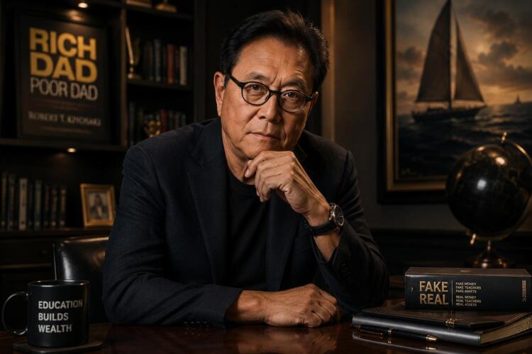 Robert Kiyosaki en oficina ejecutiva con ambiente financiero sobrio.