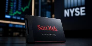 Unidad SanDisk frente a entorno bursátil tecnológico y corporativo.