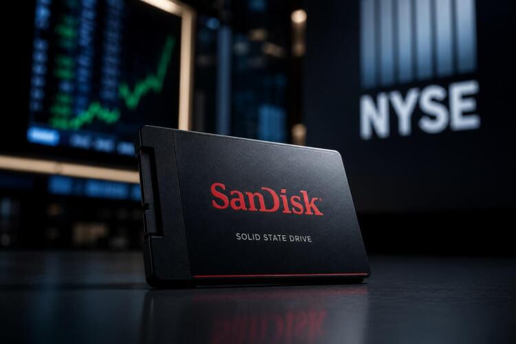 Unidad SanDisk frente a entorno bursátil tecnológico y corporativo.