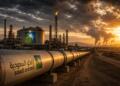 Oleoducto y refinería de Saudi Aramco bajo un cielo tenso.
