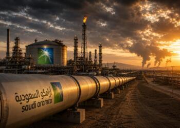 Oleoducto y refinería de Saudi Aramco bajo un cielo tenso.