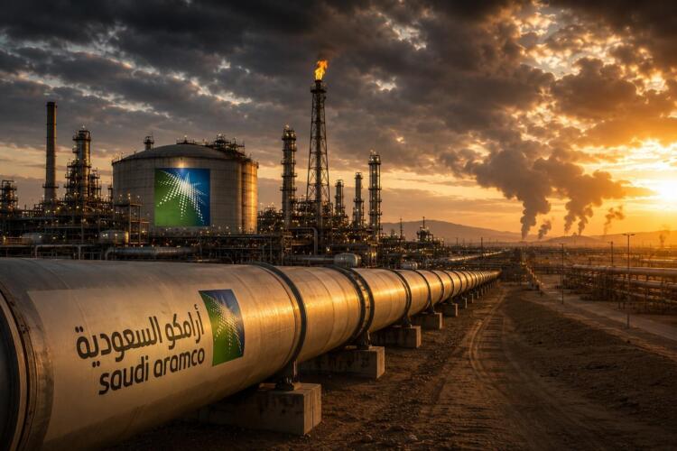 Oleoducto y refinería de Saudi Aramco bajo un cielo tenso.