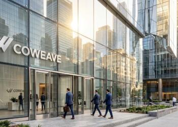 Entrada de CoreWeave con logo plateado y ejecutivos caminando frente a una fachada de cristal.