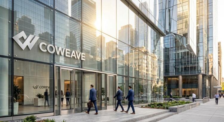 Entrada de CoreWeave con logo plateado y ejecutivos caminando frente a una fachada de cristal.