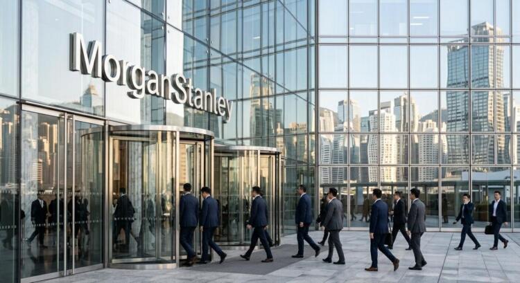 Fachada de vidrio de Morgan Stanley con reflejos de la ciudad y gente de negocios caminando.