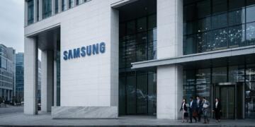 Entrada principal del edificio Samsung con personas caminando y proyecciones de datos en el vidrio.