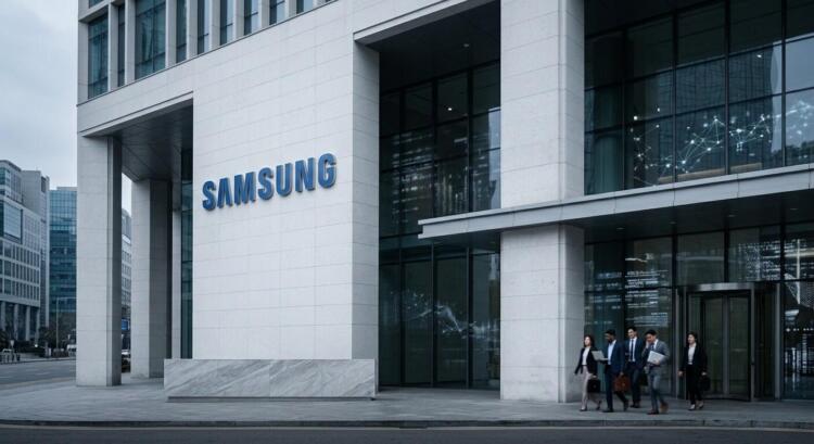 Entrada principal del edificio Samsung con personas caminando y proyecciones de datos en el vidrio.