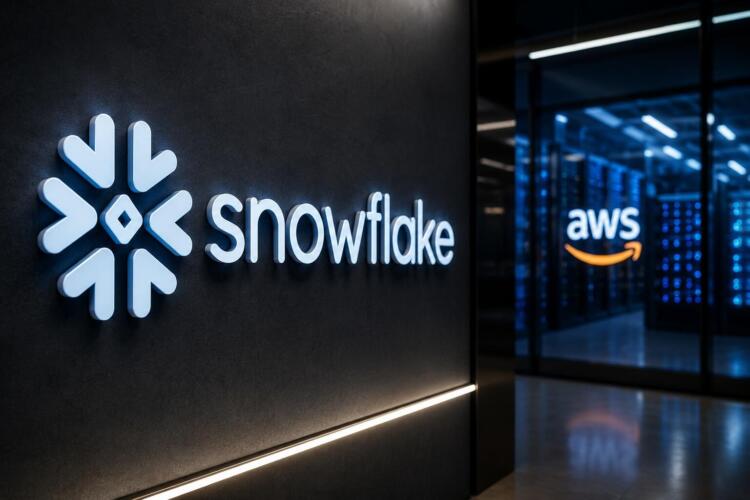 Logo de Snowflake frente a infraestructura cloud vinculada a Amazon.